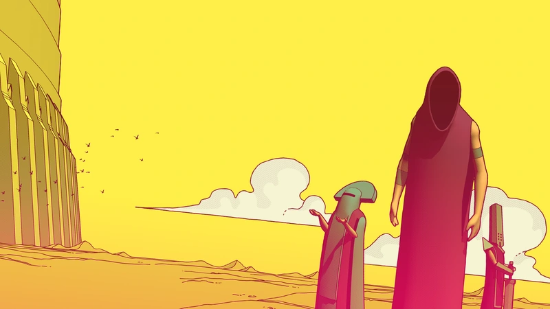 Illustration de Chants of Sennaar : une grande silhouette en robe rouge et deux autres personnages au pied d'une tour, sur fond jaune