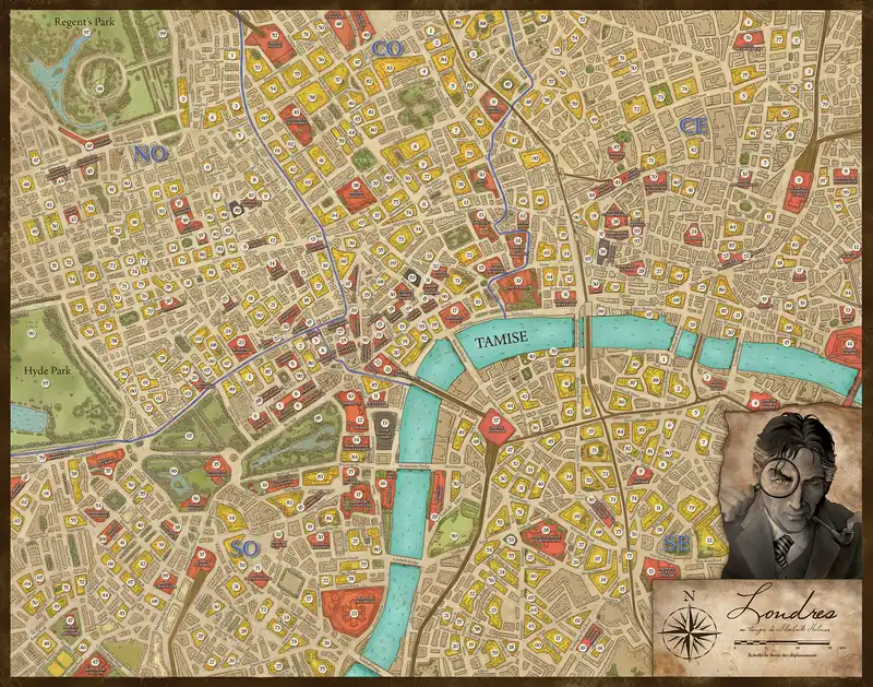 Plan de Londres de Sherlock Holmes Détective Conseil traversé par la Tamise, avec en encart un détective tenant une loupe