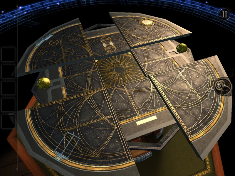 Boîte-puzzle ouverte sur une table dans The Room, avec plateaux gravés de symboles et mécanismes métalliques