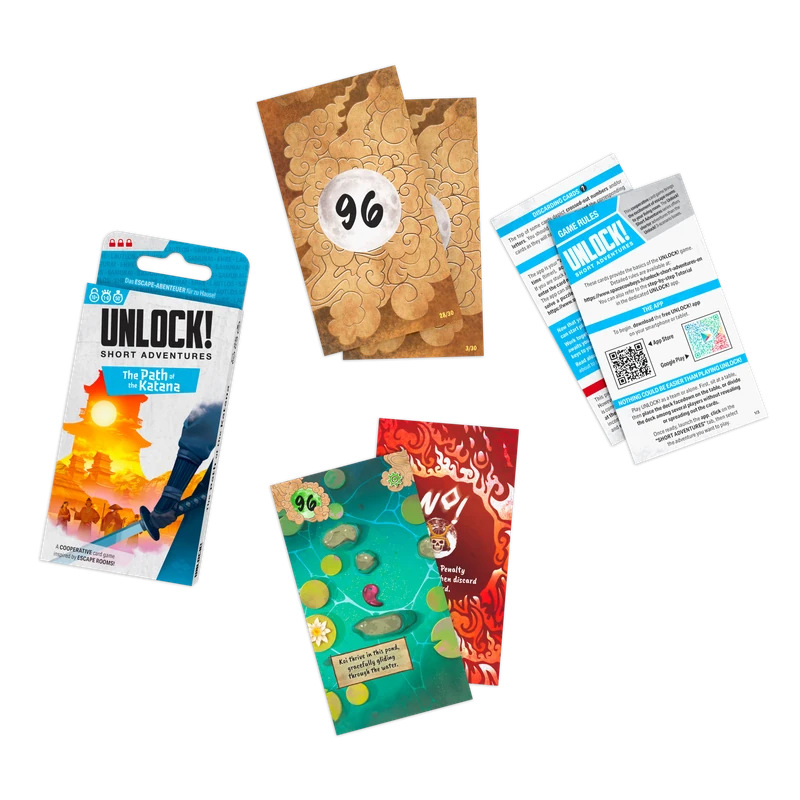 Contenu d'une boîte Unlock! Short Adventures en édition anglaise : boîte, cartes numérotées et livret
