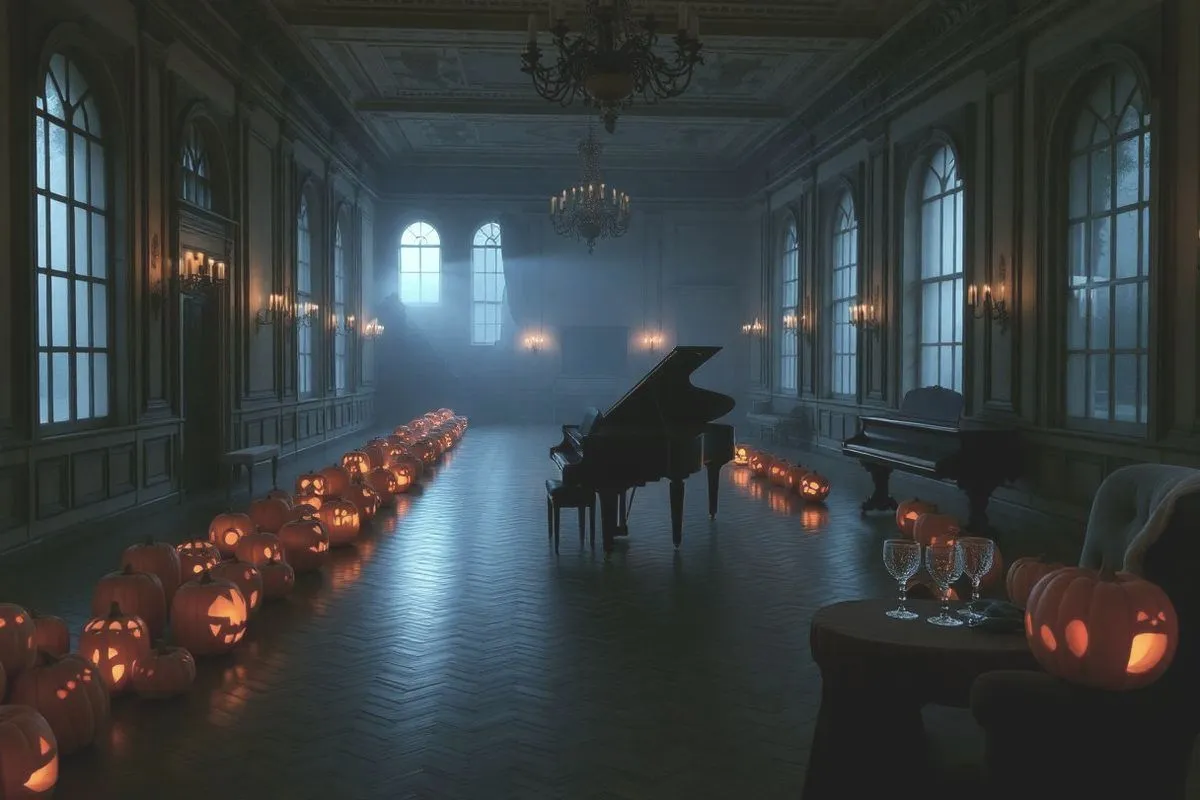 Une galerie de bal éclairée par des rangées de citrouilles creusées, un piano à queue et le brouillard aux fenêtres