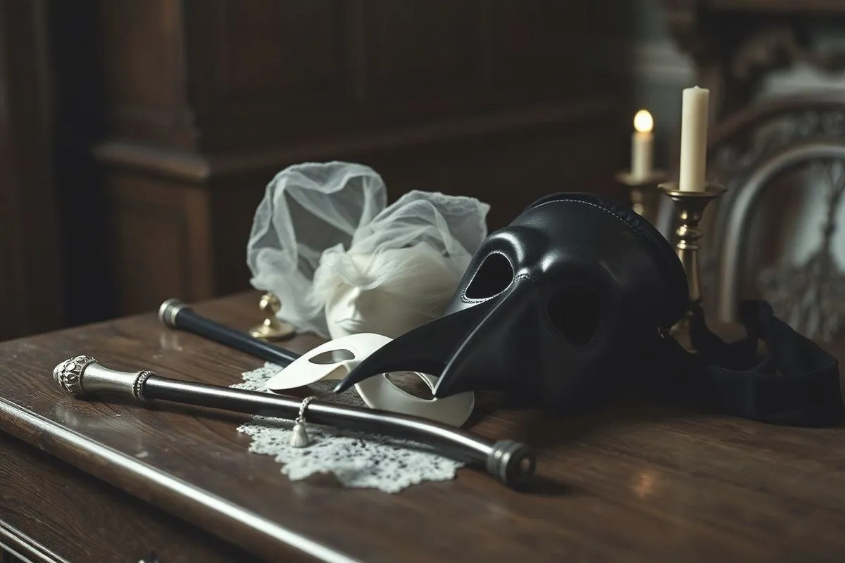Un masque de médecin de peste, une canne à pommeau d'argent et un masque de Colombine posés sur une coiffeuse