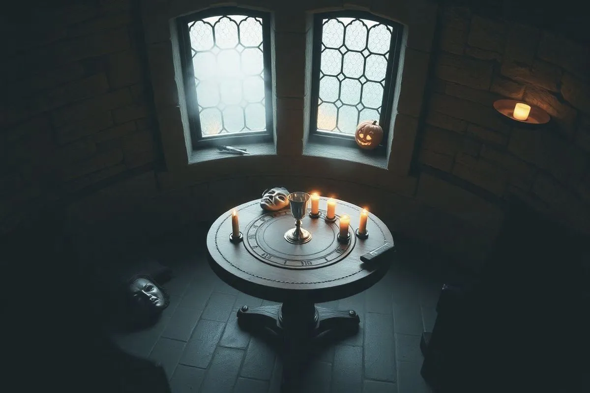 La pièce de la tour à la lueur des bougies : le guéridon de la séance, la coupe des esprits et des masques abandonnés